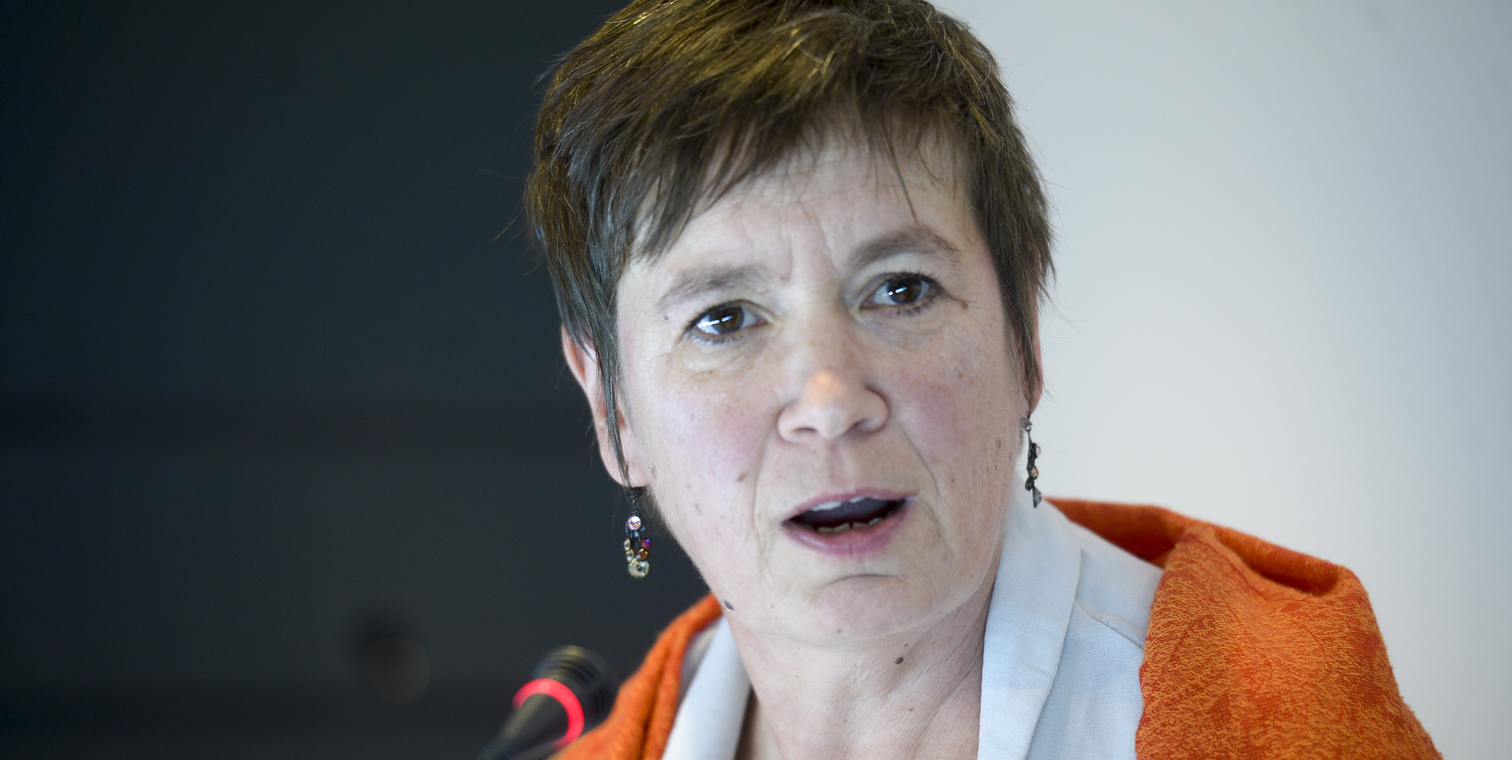 Federation Wallonia - Brussels Minister of Culture, Permanent Education and Childhood Alda Greoli pictured at a press conference on budget of the Federation Wallonia Brussels government (Federation Wallonie Bruxelles - Federatie Wallonie Brussel) in Brussels, Monday 03 October 2016. BELGA PHOTO FILIP DE SMET