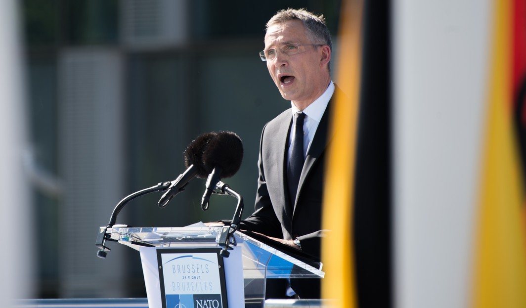 NATO Secretary General Jens Stoltenberg delivers a speech at the handover ceremony of the new headquarters of NATO, North Atlantic Treaty Organization, in Evere, Brussels, Thursday 25 May 2017.  BELGA PHOTO POOL MELANIE WENGER
