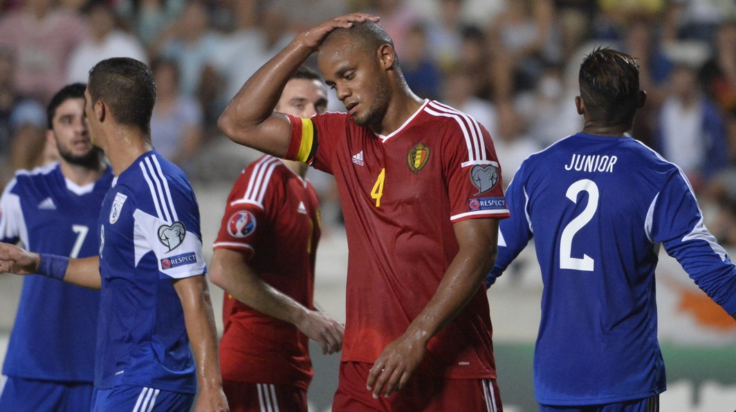 20150906 - NICOSIA, CYPRUS: Belgium's captain Vincent Kompany reacts during a soccer game between the Cyprus national team and the Belgian Red Devils, Sunday 06 September 2015, in Nicosia, Cyprus, a Euro 2016 qualification game in Group B. BELGA PHOTO DIRK WAEM