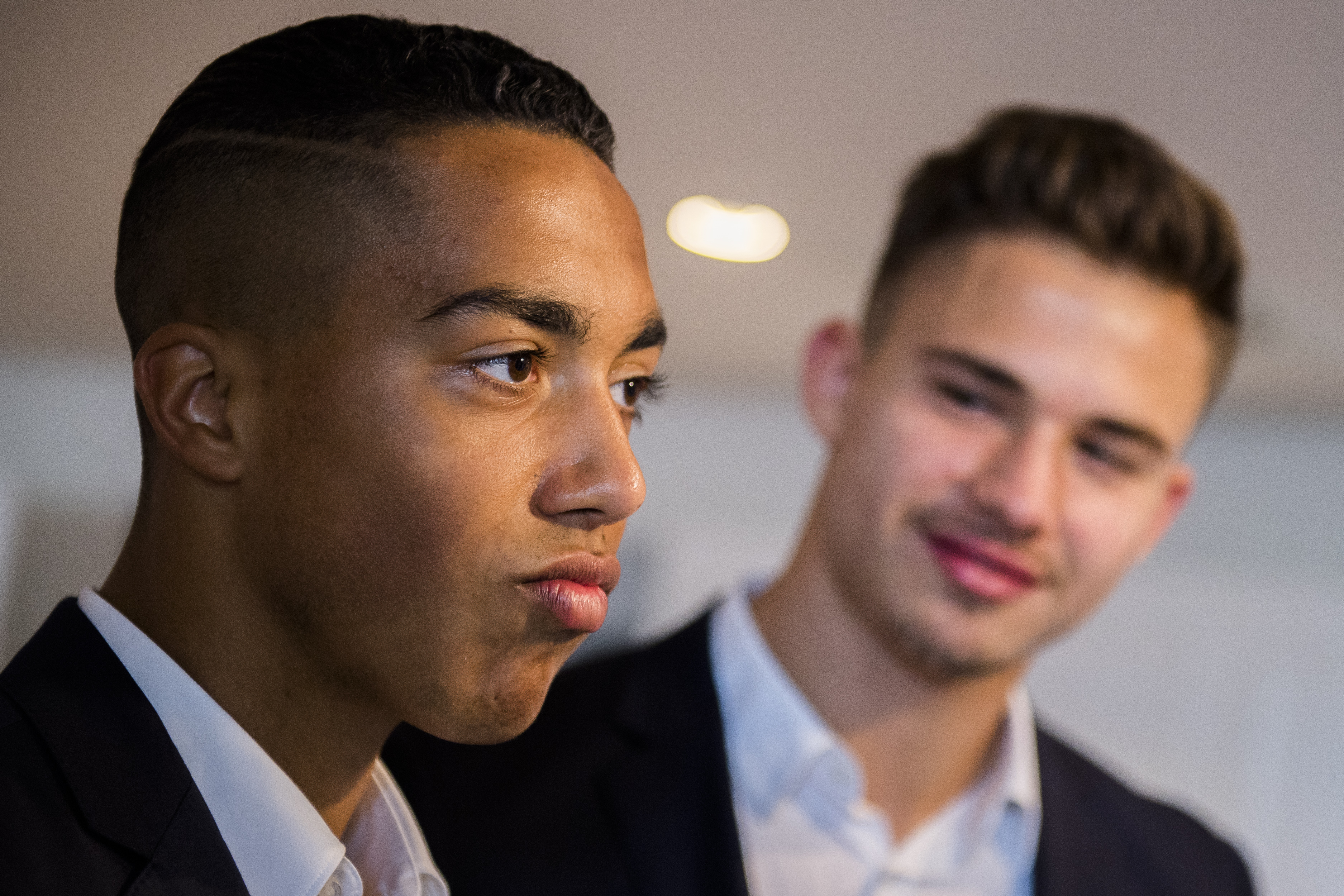 Anderlecht's Youri Tielemans and Anderlecht's Leander Dendoncker talk to the press ahead of a reception of Belgian soccer team RSC Anderlecht to celebrate their 34th title, Monday 22 May 2017 in Brussels. BELGA PHOTO LAURIE DIEFFEMBACQ
