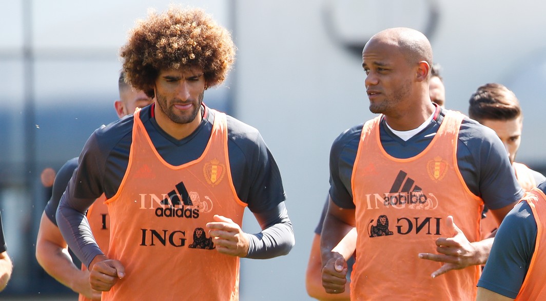 Belgium's Marouane Fellaini and Belgium's Vincent Kompany pictured during a training of Belgian national soccer team Red Devils, Friday 02 June 2017, at the Belgian Football Center in Tubize. Belgium plays a friendly game against Czech Republic on 05 June and a World Cup 2018 qualifier in Estonia. BELGA PHOTO BRUNO FAHY