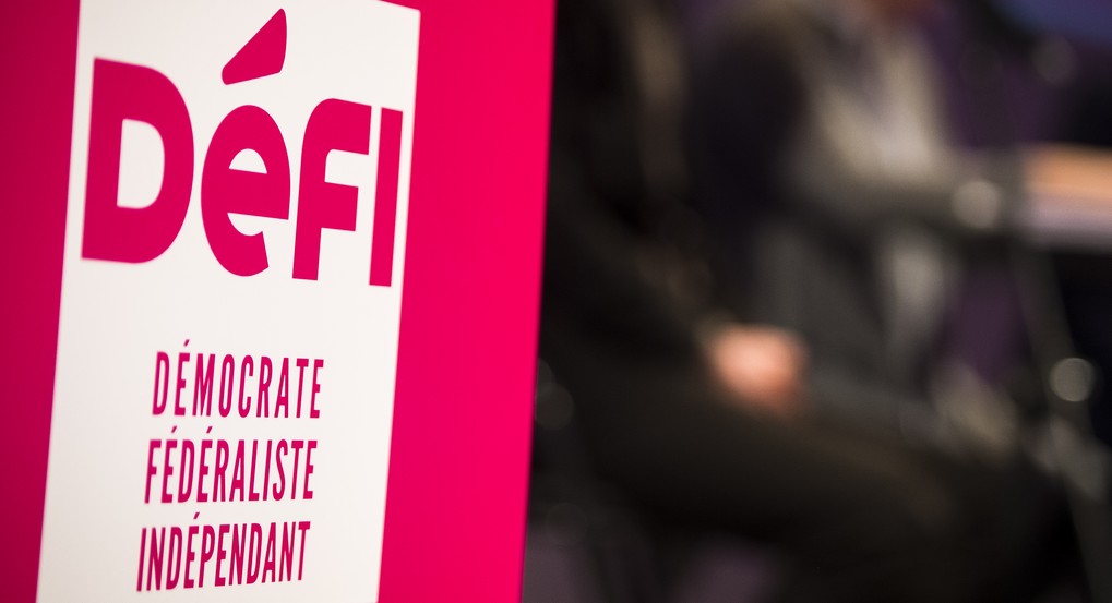 20160117 - BRUSSELS, BELGIUM: Illustration picture shows the logo of DeFI at the new year reception of French speaking party DeFI (former FDF), in Brussels, Sunday 17 January 2016. BELGA PHOTO LAURIE DIEFFEMBACQ