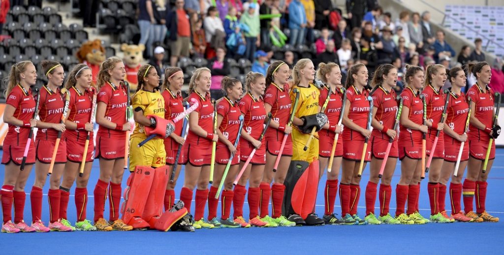 20150826 - LONDON, UNITED KINGDOM: Belgium's players are lined up for the national anthem at the start of a hockey game between Belgium's Red Panthers and The Netherlands at the women's EuroHockey Championships 2015 during the Group stage of group A, Wednesday 26 August 2015, in London, United Kingdom. BELGA PHOTO DIRK WAEM