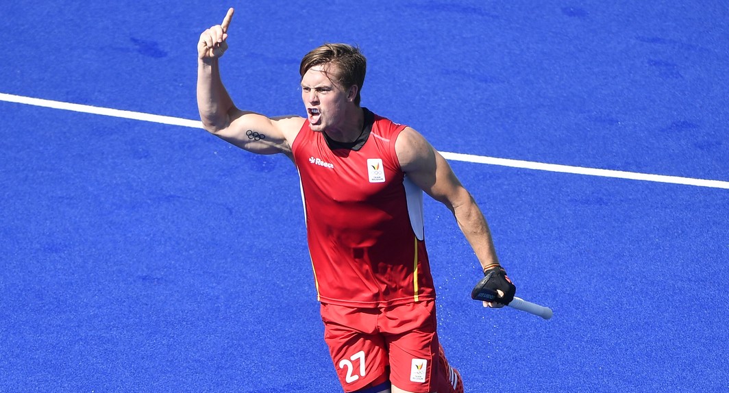 Belgian hockey player Tom Boon celebrates during the game between Belgium Red Lions and India, a quarter final game in the men's field hockey competition at 2016 Olympic Games, Sunday 14 August 2016, in Rio de Janeiro, Brazil.  BELGA PHOTO ERIC LALMAND