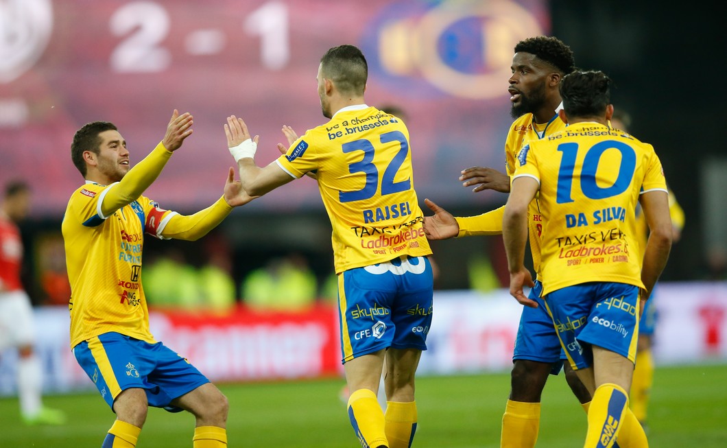 Union's Nicolas Rajsel celebrates after scoring during the Jupiler Pro League match between Standard de Liege and Union Saint-Gilloise, in Liege, Friday 28 April 2017, on day 6 of the Play-off 2A of the Belgian soccer championship. BELGA PHOTO BRUNO FAHY