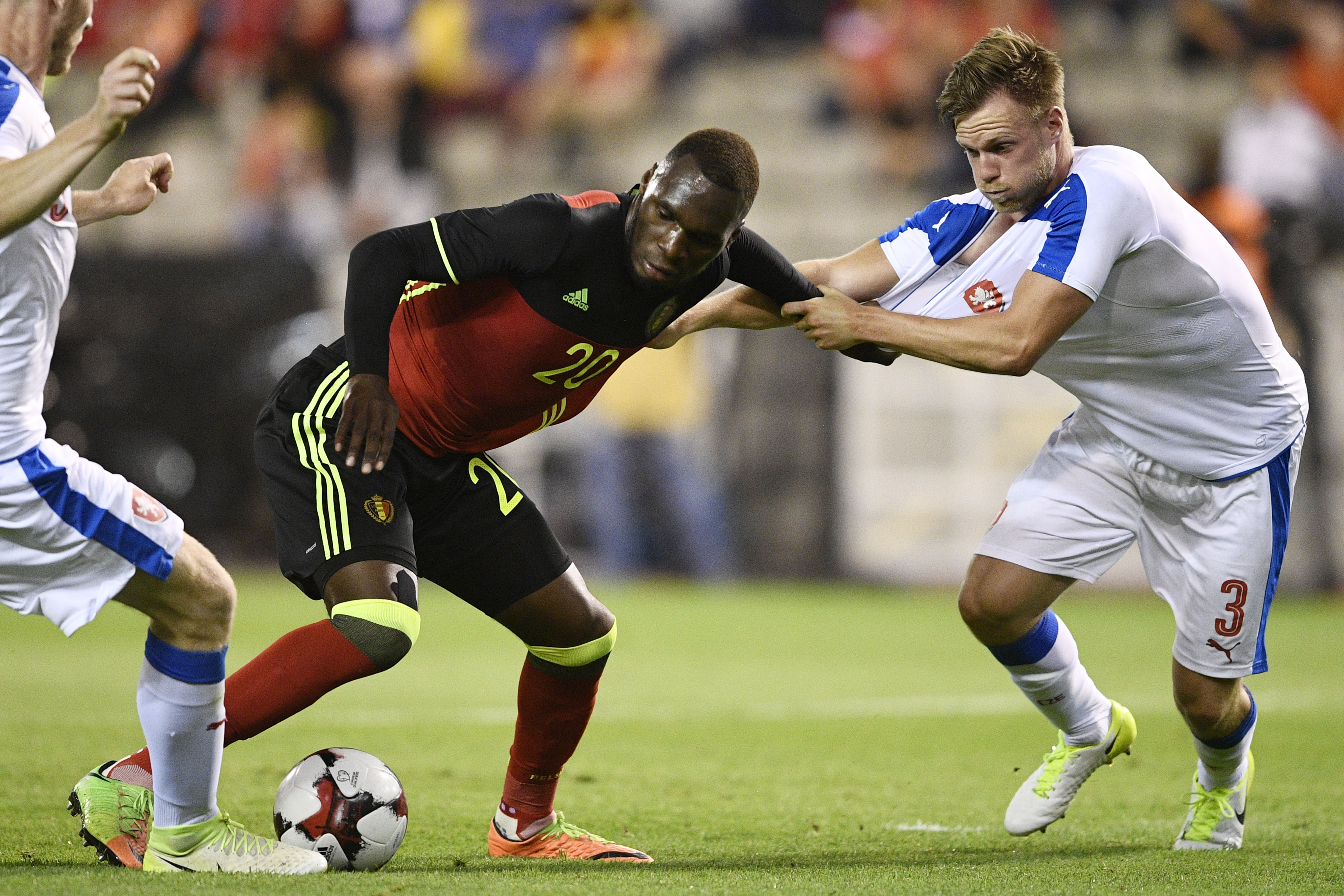 Belgium's Christian Benteke and Czech Tomas Kalas fight for the ball during a friendly game between Belgian national soccer team Red Devils and Czech Republic, Monday 05 June 2017, in Brussels. BELGA PHOTO YORICK JANSENS
