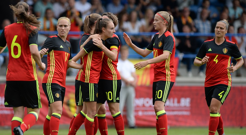 Belgium's Tessa Wullaert celebrates after scoring during a friendly game between the Belgian national women's soccer team Red Flames and Russia, on Tuesday 11 July 2017 in Denderleeuw. The Red Flames are preparing for the Women's European Championship 2017 in the Netherlands. BELGA PHOTO DAVID CATRY