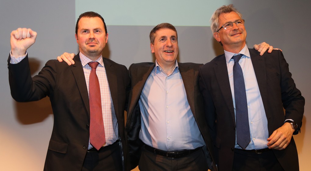 20150308 - BRUSSELS, BELGIUM: FDF Christophe Magdalijns, FDF Olivier Maingain and FDF Bernard Clerfayt pictured during the chairman elections of French-speaking party FDF Federalistes Democrates Francophones, in Brussels, Sunday 08 March 2015. Olivier Maingais is re-elected with 61,3% of the votes. BELGA PHOTO VIRGINIE LEFOUR