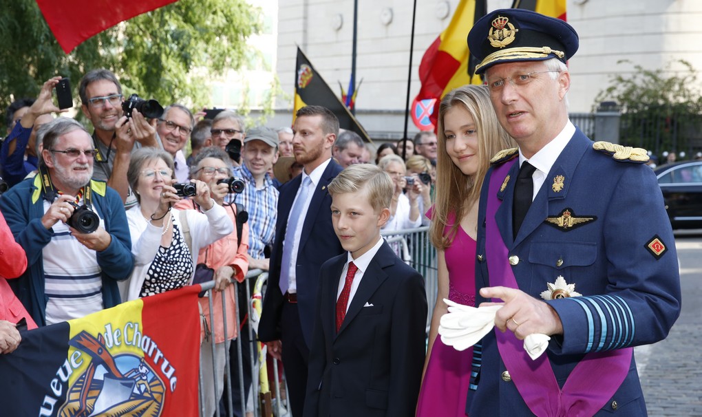 Prince Emmanuel, Crown Princess Elisabeth and King Philippe - Filip of Belgium arrive for the Te Deum mass, on the occasion of Today's Belgian National Day, at the Saint Michael and St Gudula Cathedral (Cathedrale des Saints Michel et Gudule / Sint-Michiels- en Sint-Goedele kathedraal) in Brussels, Friday 21 July 2017. BELGA PHOTO NICOLAS MAETERLINCK