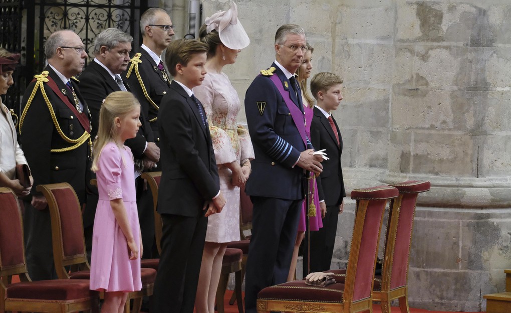 Princess Eleonore, Prince Gabriel, Queen Mathilde of Belgium, King Philippe - Filip of Belgium, Crown Princess Elisabeth and Prince Emmanuel pictured during the Te Deum mass, on the occasion of Today's Belgian National Day, at the Saint Michael and St Gudula Cathedral (Cathedrale des Saints Michel et Gudule / Sint-Michiels- en Sint-Goedele kathedraal) in Brussels, Friday 21 July 2017. BELGA PHOTO NICOLAS MAETERLINCK