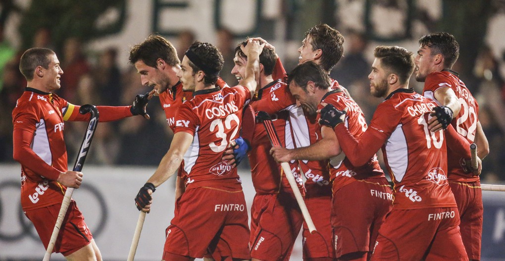 Red Lions' players celebrate after scoring during a friendly game between Belgian Red Lions and Argentina, in Uccle sport, Wednesday 26 October 2016, in Brussels. The game is a remake of Rio olympic final, won by Argentina. 9200 seats where sold for the game, a reccord for hockey in Belgium. BELGA PHOTO THIERRY ROGE