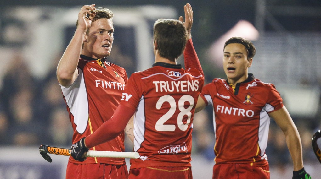 Red lions' Tom Boon, Red lions' Jerome Truyens and Red lions' Thomas Briels celebrate after scoring during a friendly game between Belgian Red Lions and Argentina, in Uccle sport, Wednesday 26 October 2016, in Brussels. The game is a remake of Rio olympic final, won by Argentina. 9200 seats where sold for the game, a reccord for hockey in Belgium. BELGA PHOTO THIERRY ROGE