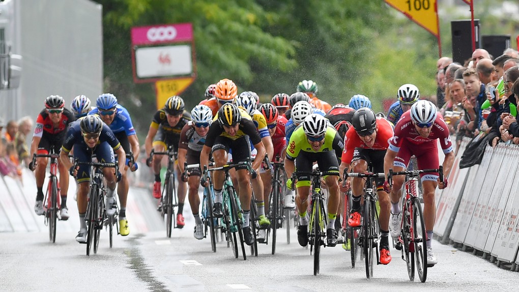 Danish Michael Morkov of Katusha-Alpecin, Belgian Jasper De Buyst of Lotto Soudal and French Justin Jules of WB Veranclassic Aqua Protect pictured during the sprint of the second stage of the 38th edition of the Tour de Wallonie (Ronde van Wallonie), 191,5km from Chaudfontaine to Seraing, Sunday 23 July 2017. This year's edition of the Tour de Wallonie takes plave from 22 to 26 July. BELGA PHOTO LUC CLAESSEN