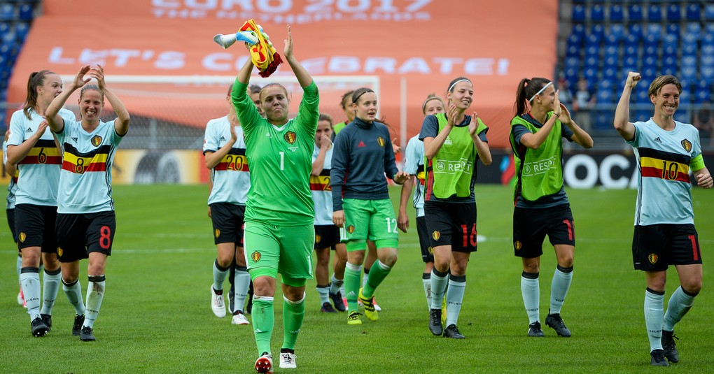Belgian team celebrates after winning a soccer game between Belgian national women's soccer team Red Flames and Norway, the second game in group A in the group stage of the Women's European Championship 2017 in the Netherlands, Thursday 20 July 2017 in Breda, The Netherlands. BELGA PHOTO DAVID CATRY