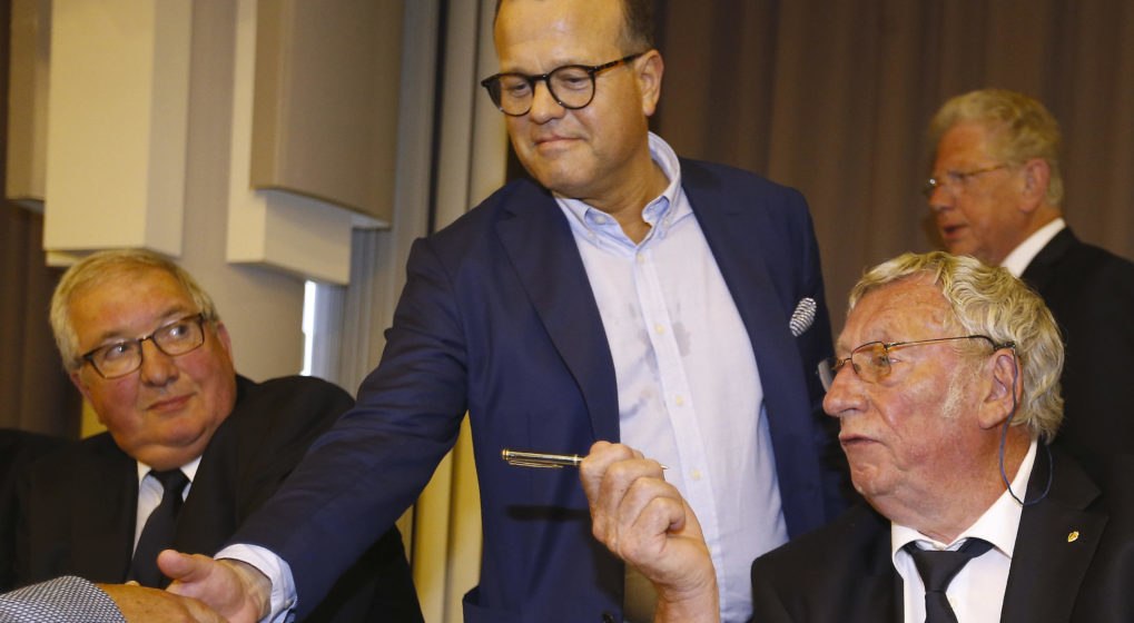 Gilbert Timmermans, KBVB-URBSFA vice-chairman Bart Verhaeghe and New KBVB-URBSFA Belgium soccer union chairman Gerard Linard pictured during the general assembly and chairman elections of the Royal Belgian Soccer Union (KBVB - URBSFA), Saturday 24 June 2017, in Brussels. BELGA PHOTO NICOLAS MAETERLINCK