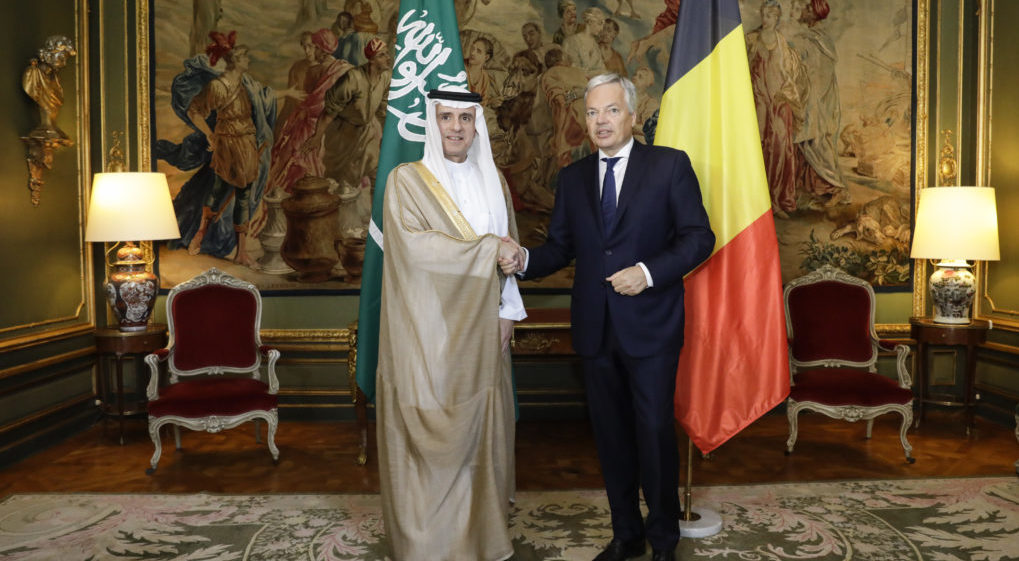 Saudi Minister of Foreign Affairs Adel bin Ahmed Al-Jubeir and Vice-Prime Minister and Foreign Minister Didier Reynders shake hands at a bilateral meeting between the Belgian Foreign Minister and his counterpart from the Kingdom of Saudi Arabia, Thursday 20 July 2017, at the Egmont Palace in Brussels. BELGA PHOTO THIERRY ROGE