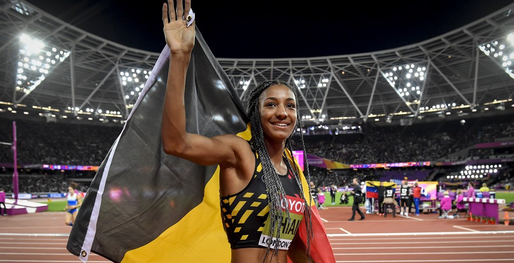 Belgian Nafissatou Nafi Thiam celebrates after the 800m competition of the women heptathlon event at the IAAF World Championships 2017 in London, United Kingdom, Sunday 06 August 2017. The Worlds are taking place from 4 to 13 August. BELGA PHOTO DIRK WAEM