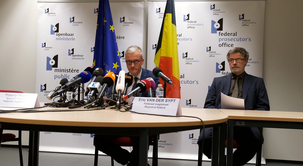 Federal magistrate Thierry Werts and Federal magistrate Eric Van der Sypt pictured during a press conference of the Federal Prosecutor, after new terror-related arrests were made, on Friday 08 April 2016 at the headquarters of the Federal Prosecutor in Brussels. Earlier today police arrested Brussels terror attack suspects Mohammed Abrini, Osama Kraiem and others in Anderlecht. On Tuesday 22 March, two bombs exploded in the departure hall of Brussels Airport and another one in the Maelbeek - Maalbeek subway station, leaving 31 people dead and 250 injured. ISIL (Islamic State of Iraq and the Levant - Daesh - ISIS) claimed responsibility for the attacks. BELGA PHOTO NICOLAS MAETERLINCK