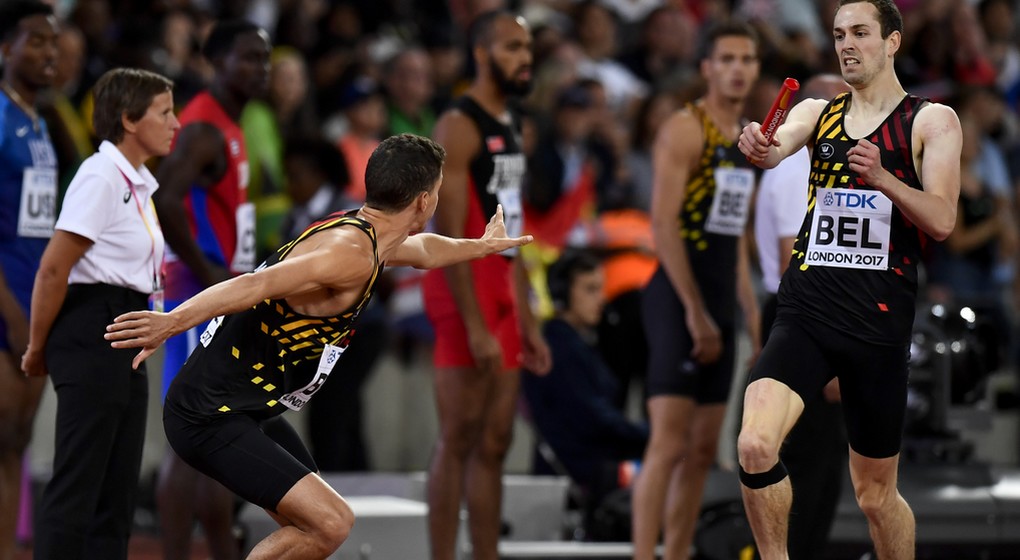 Belgian Jonathan Borlee and Belgian Robin Vanderbemden pictured in action during the final of the 4x400m relay race on the tenth and last day of the IAAF World Championships 2017 in London, United Kingdom, Sunday 13 August 2017. The Worlds are taking place from 4 to 13 August. BELGA PHOTO DIRK WAEM