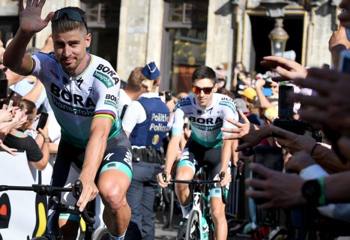 Slovakian Peter Sagan of Bora-Hansgrohe pictured during the team presentation at the Grand Place - Grote Markt in Brussels, for the 106th edition of the Tour de France cycling race, Thursday 04 July 2019. This year's Tour de France starts in Brussels and takes place from July 6th to July 28th. BELGA PHOTO DAVID STOCKMAN
