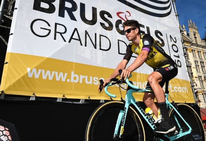 Belgian Wout Van Aert of Team Jumbo-Visma pictured during the team presentation at the Grand Place - Grote Markt in Brussels, for the 106th edition of the Tour de France cycling race, Thursday 04 July 2019. This year's Tour de France starts in Brussels and takes place from July 6th to July 28th. BELGA PHOTO DAVID STOCKMAN